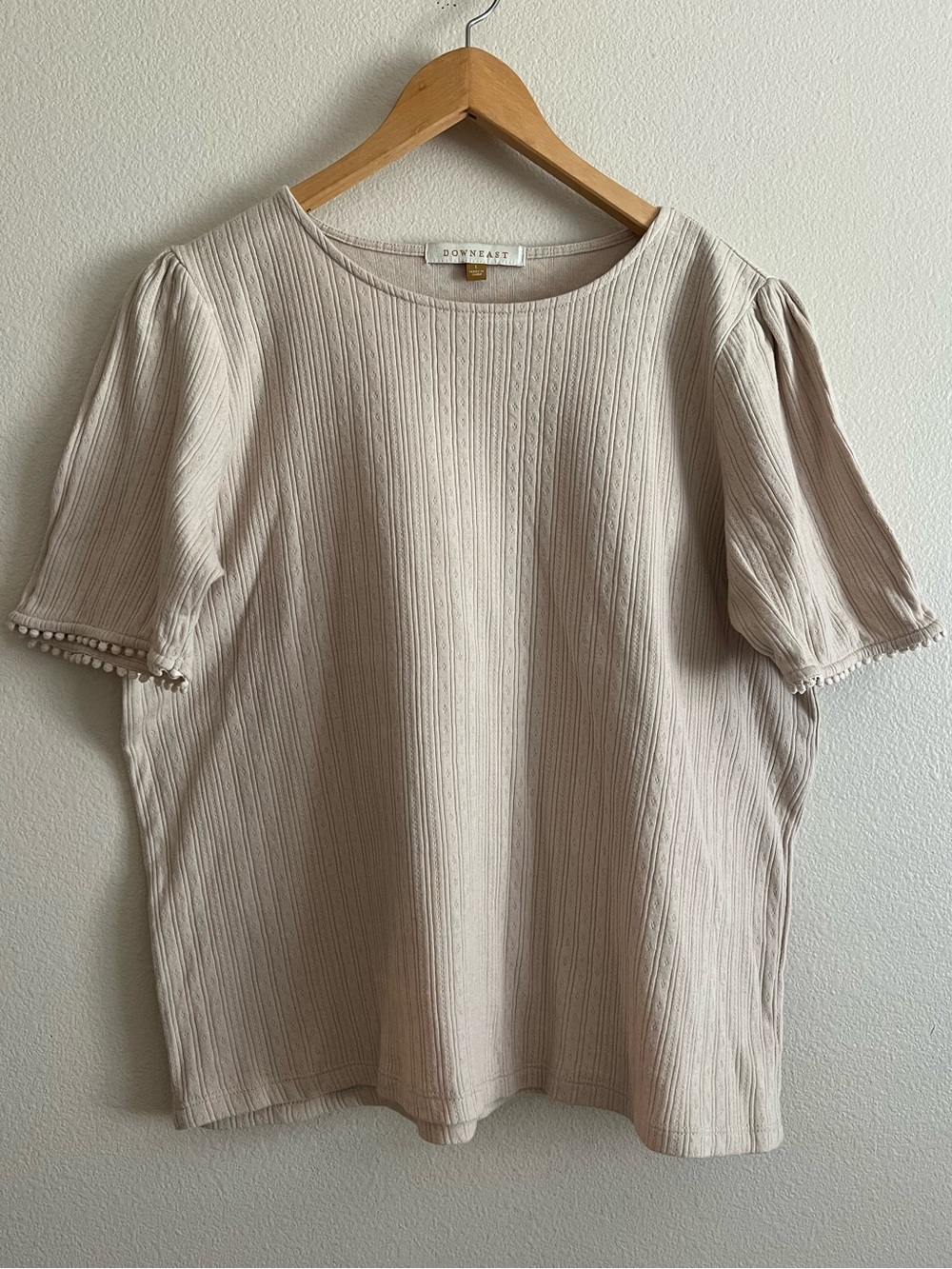 DownEast Cream Pointelle Knit Top with Pom Pom Trim, Size L